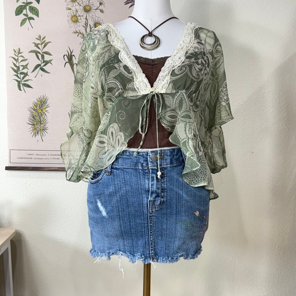90s Y2k Silk Beaded Sheer Cardigan Jacket Hippie Forest Boho Fairy Grunge 18W 2X